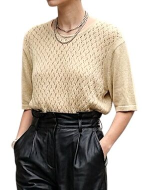 Vintage 90s Y2K beige oversized boxy short sleeve open knit sweater XL